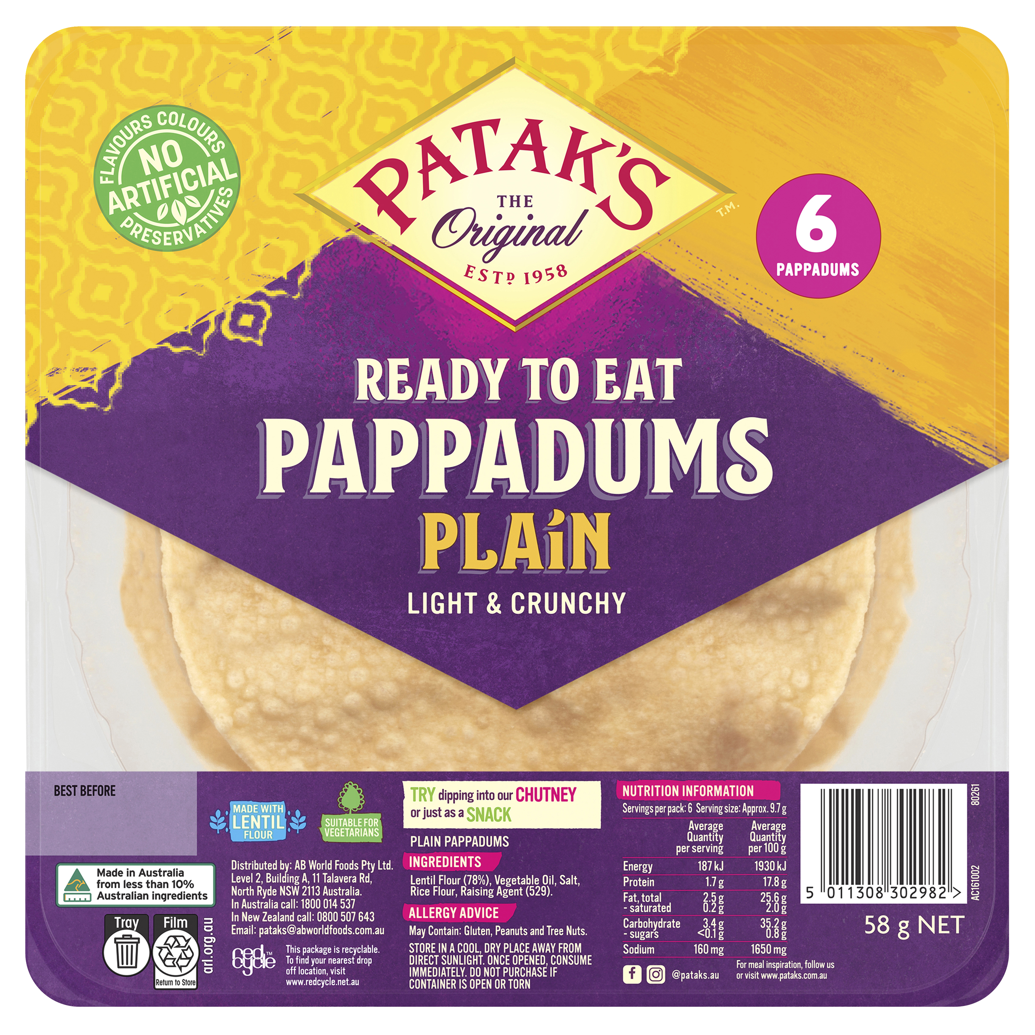 Patak’s Ready to Eat Plain Pappadums 58g 6 Pack