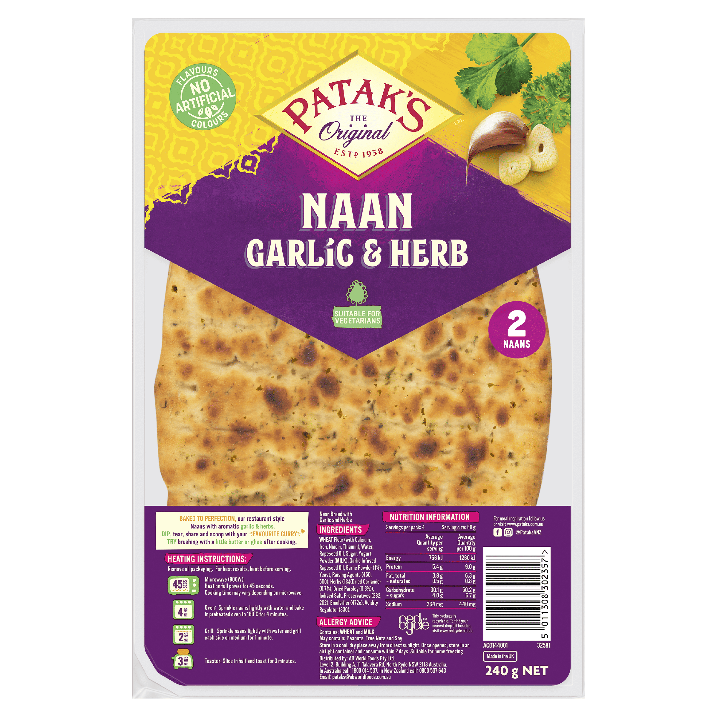 Patak’s Naans Garlic & Herb 240 g