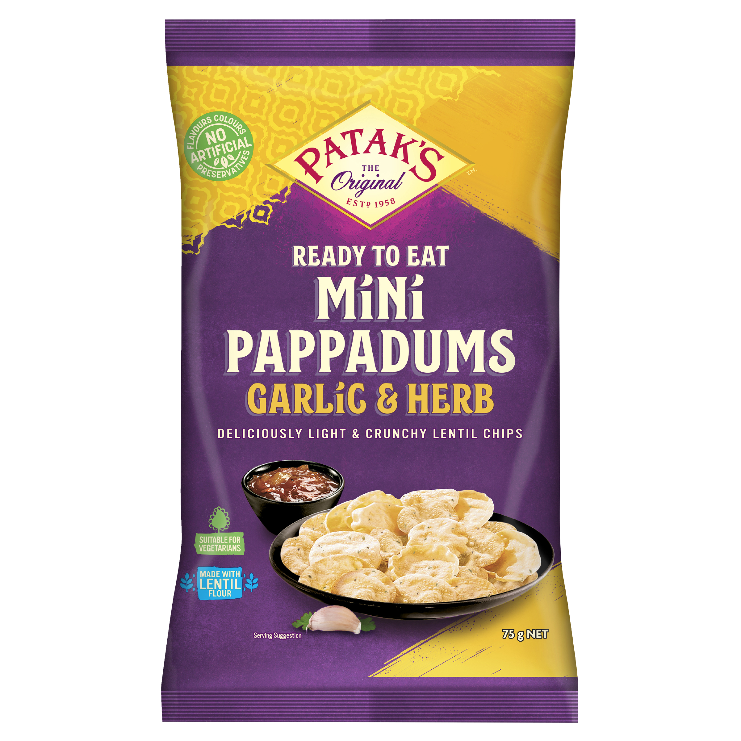 Patak’s Mini Pappadums Garlic & Herb 75g