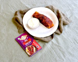 Tikka crusted salmon with lemon garlic yoghurt made using Patak’s BBQ Tikka Spice Rub